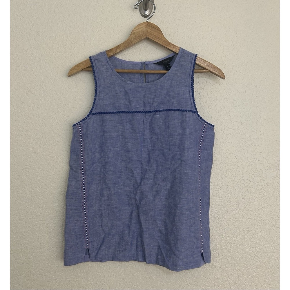 J. Crew Women's Size 2 Blue Embroidered Chambray Sleeveless Top Linen Blend